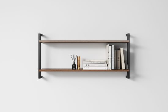 Modern Minimalist Wooden Shelf Made of Walnut on two black metal profiles