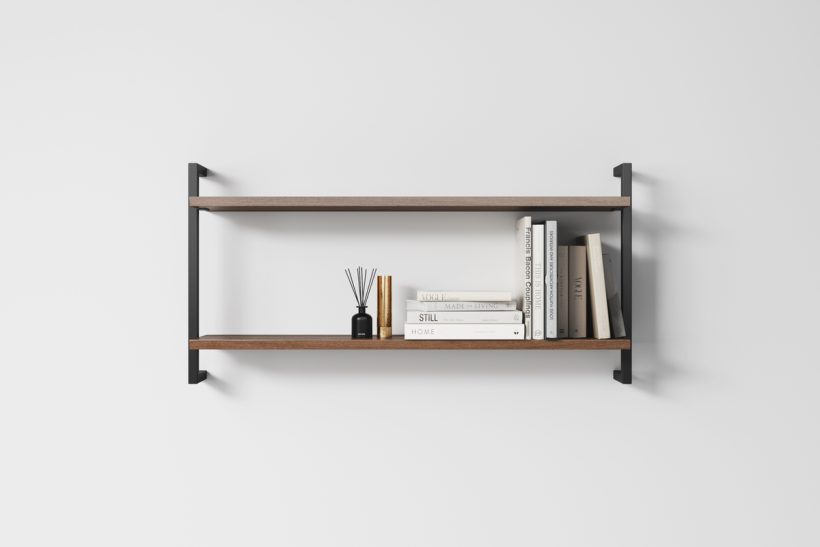 Modern Minimalist Wooden Shelf Made of Walnut Modern Minimalist Wooden Shelf Made of Walnut on two black metal profiles