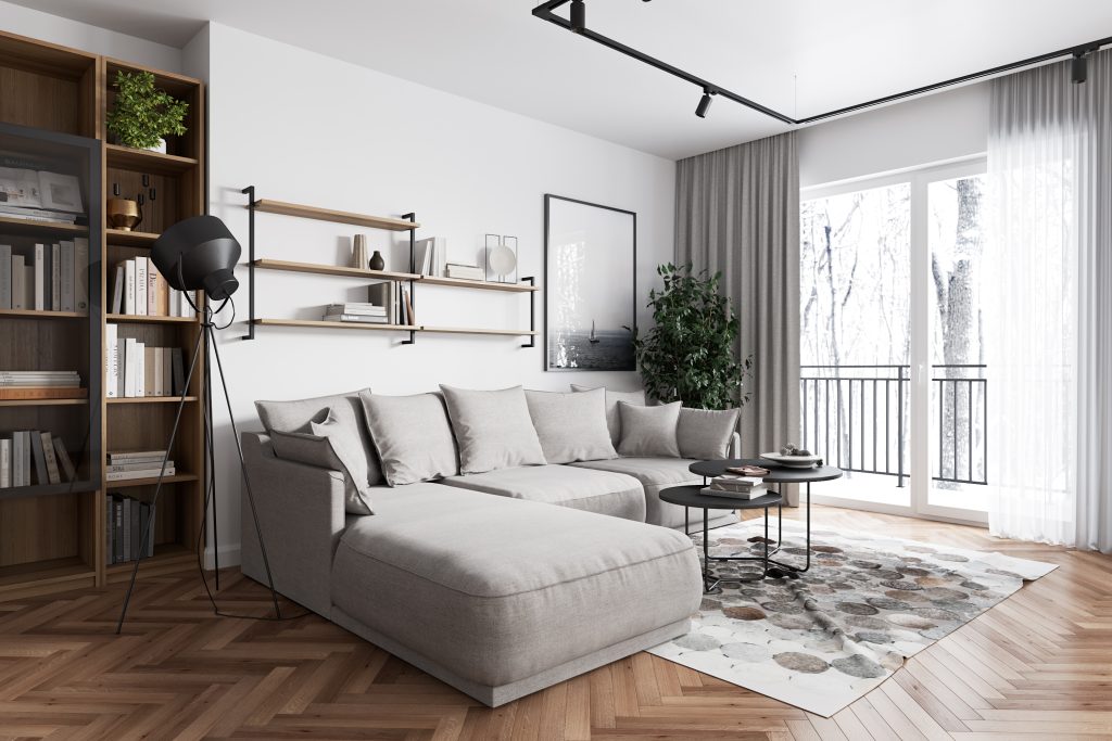 Living room in modern interior style with big grey coach and Pyjama Furniture wall shelves on walls