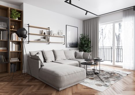 Living room in modern interior style with big grey coach and Pyjama Furniture wall shelves on walls