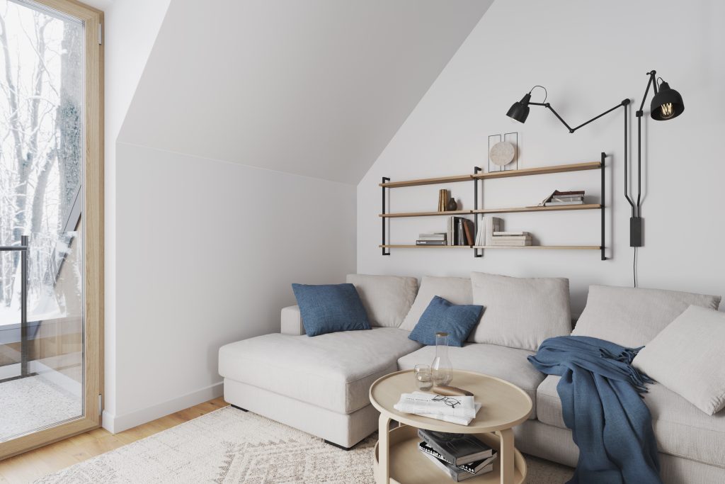 Oak wood wall shelves in corner