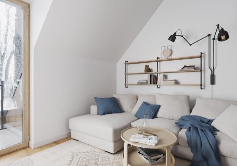 Oak wood wall shelves in corner