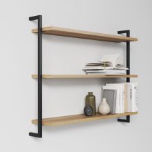 Three Modern Minimalist Wooden Shelfs Made of Oak-2 Three Modern Minimalist Wooden Shelfs Made of Oak with two black metal profiles. Side view.