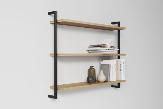 Three Modern Minimalist Wooden Shelfs Made of Oak with two black metal profiles. Side view.