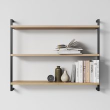 Three Modern Minimalist Wooden Shelfs Made of Oak Three Modern Minimalist Wooden Shelfs Made of Oak with 2 black metal profiles
