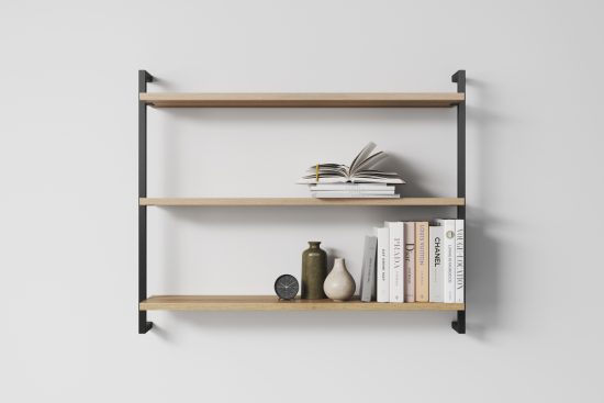 Three Modern Minimalist Wooden Shelfs Made of Oak with 2 black metal profiles