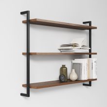 Three Modern Minimalist Wooden Shelfs Made of Walnut-2 Three Modern Minimalist Wooden Shelfs Made of Walnut with two metal profiles in black colour - side view
