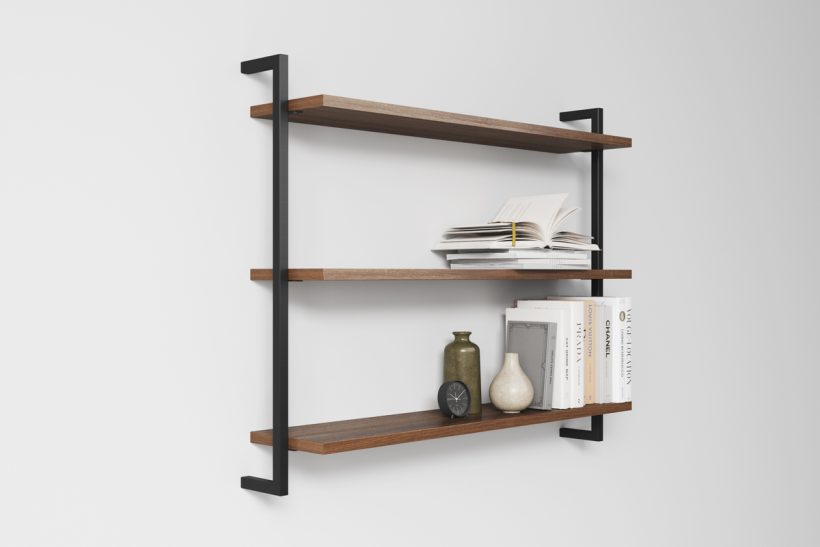 Three Modern Minimalist Wooden Shelfs Made of Walnut-2 Three Modern Minimalist Wooden Shelfs Made of Walnut with two metal profiles in black colour - side view