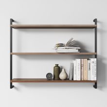 Three Modern Minimalist Wooden Shelfs Made of Walnut Three Modern Minimalist Wooden Shelfs Made of Walnut with two metal profiles in black colour