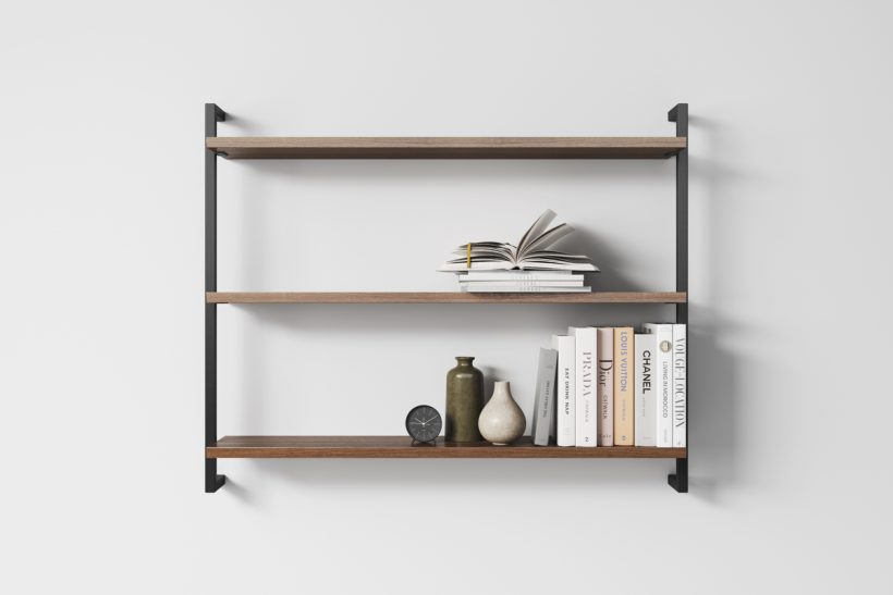 Three Modern Minimalist Wooden Shelfs Made of Walnut Three Modern Minimalist Wooden Shelfs Made of Walnut with two metal profiles in black colour