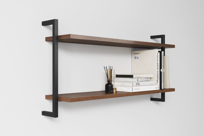 Two Modern Minimalist Wooden Shelfs Made of Walnut-2 Two Modern Minimalist Wooden Shelfs Made of Walnut with two black metal profile - side view